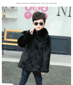 Boy genuine natural kids rabbit fur coat with fox fur collar child  black color - Picture 1 of 5
