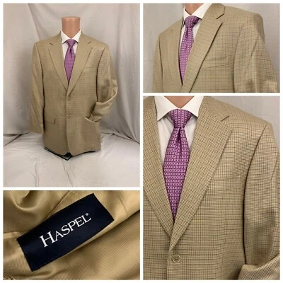 Haspel Pearl Silk Blazer 40R 2B 1V Beige Blue Check Silk Worsted Wool YGI T2-108 - Image 1 of 4