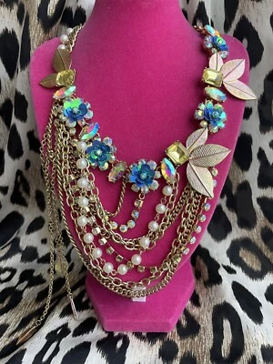 Collar Betsey Johnson Playa Fiesta Azul Lentejuelas Flor Capas Cadena Hoja AB Foto 1 de 4