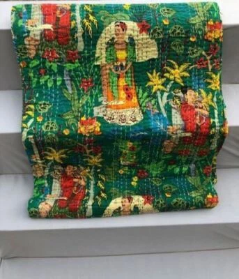Indian Cotton Handmade Frida Print Kantha Quilt Bedding Bedspread Blanket Throw - Image 1 of 4