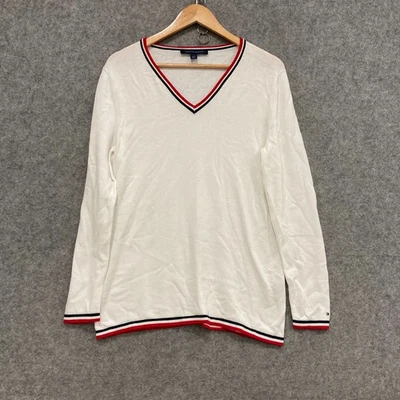 Tommy Hilfiger джемпер женщин размер большой белый хлопок трикотажа v-образным вырезом 50503 - Изображение 1 из 4