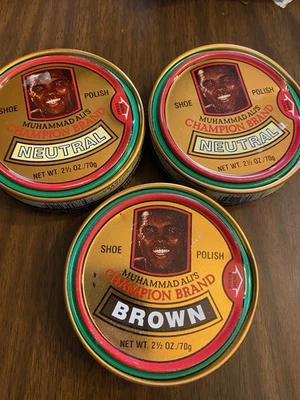 VINTAGE MUHAMMAD ALI CHAMPION BRAND SHOE POLISH TIN Lot Of 3 Brown Neutral - Image 1 of 4