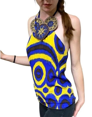 Tory Burch Silk Halter Top – Cobalt Blue & Yellow Geometric Print Sz 2” - Image 1 of 4