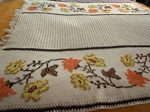 Handmade Vintage Crochet or Knit? Off White w/Cross Stitch Throw/Afghan 56 X 54 - Picture 1 of 24