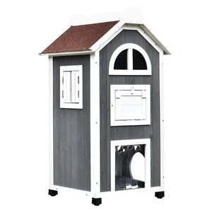 PawHut Wooden Cat House Condos Cat Cave 2 Floor Pet Shelter Outdoor Furniture - Picture 1 of 11