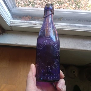 CAMDEN,NJ G.SCHLACHTER 1890s DEEP AMETHYST PUPRLE BLOB TOP BEER BOTTLE W/STOPPER - Picture 1 of 8
