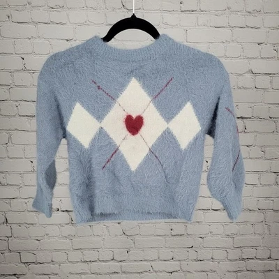 Zara Knitwear Fancy Collection Blue Argyle Heart Long Sleeve Sweater Girls 7 - Image 1 of 4