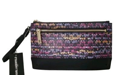 Bolso sin asas Karl Lagerfeld doble cremallera muñeca logotipo negro ciruela NUEVO $98 Foto 1 de 4
