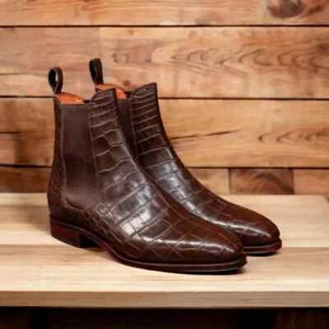 Handmade Leather Chelsea Boots Men Brown Color Crocodile Texture Ankle High Boot - Picture 1 of 3
