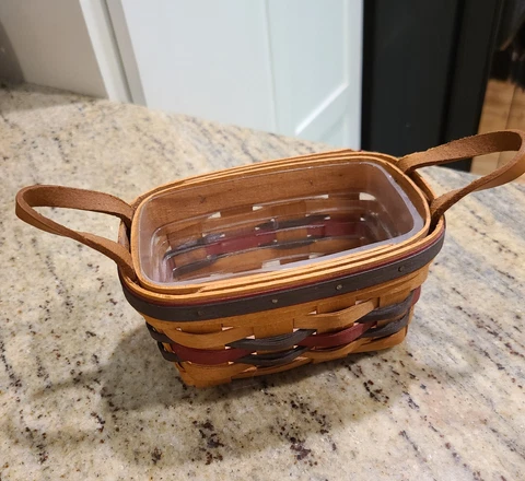Longaberger Tea Basket w/Leather and Protector Red Blue Cover