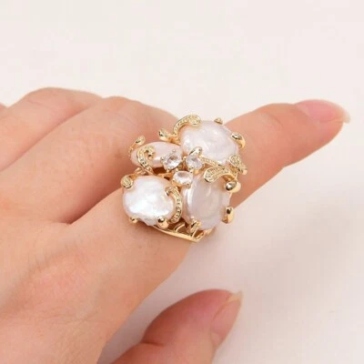 Anillos ajustables grandes naturales enchapados en oro de cristal pavimentado con perlas para moneda Keshi blanca Foto 1 de 4