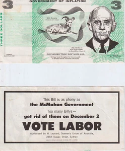 Billy McMahon Three 3 dollar bill 1972 Australian federal election - Picture 1 of 1