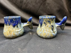 Set of 2, Doug Wylie Whale Tail Coffee Mugs Blue Ceramic Art Pottery Drip Glaze - Picture 1 of 11