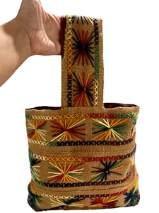 Vintage Boho 60er Handarbeit Sackleinen Crewel Garn bestickt Handtasche Geldbeutel gefüttert - Bild 1 von 3