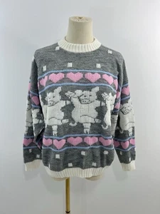 Vintage 80er Pullover Tanzen Schwein Herzen Fee Kei Harajuku All Over Print Gr. M - Bild 1 von 2