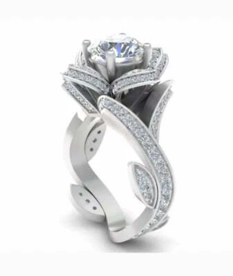Replica 1.30CT White Round Cut CZ Rose Lotus Flower Shape Engagement Ring 925 SS - Image 1 of 2