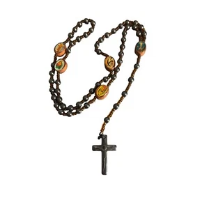 Vintage Hematite and Wood Bead Rosary 24" Religious Hematite Cross - Picture 1 of 3