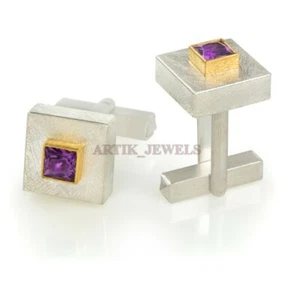 Naturale Ametista Gemma Con 925 Argento Sterling Gemelli #1751 - Foto 1 di 4