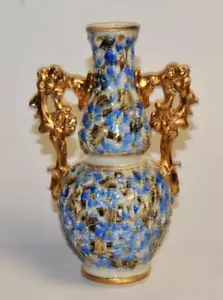 Atq 1890 J. FISCHER Budapest Hungary Lion Mark Blue FLORAL 6"h Reticulated Vase - Picture 1 of 7
