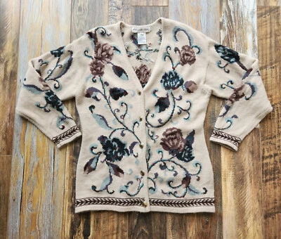 Cárdigan Vintage JH Collectibles Lana Alpaca Floral Cottagecore Granny Beige L Foto 1 de 4