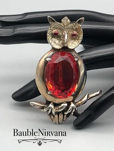 Vintage Figural Owl XL Large Red Faceted Center Body Stone Sterling Silver Pin - Picture 1 of 5