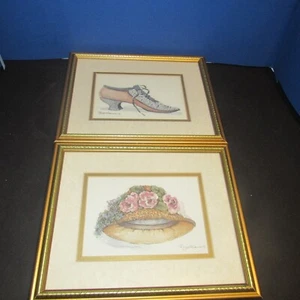 Vintage Peggy Abrams Signed Victorian Shoe Art Print and Flower Hat Gold Frames - Picture 1 of 7
