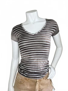 Citrine Collection Brown Gray Striped Sheer T-Shirt Women’s XS Fitted - Picture 1 of 3