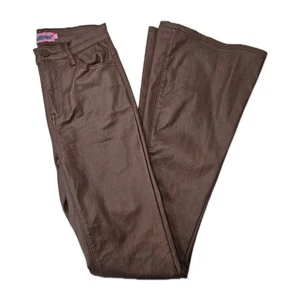 Edikted Women's Brown Shiny Denim Pant Flared Jeans High Rise Small Y2K Stretch - Picture 1 of 10