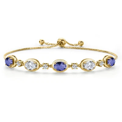 18K Yellow Gold Plated Silver Blue Iolite and White Topaz and Moissanite Tennis - Image 1 of 4