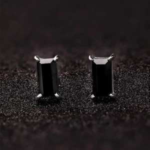 CZ Minimalist Black Baguette Stud Earrings Gift for Her In 925 Silver - Picture 1 of 9