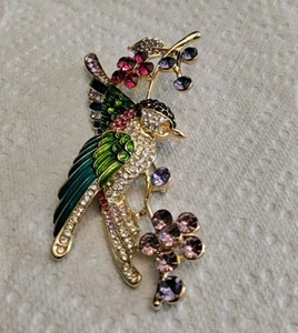 "Bird Swallow On Branch Brooch" Enamel & Rhinestone Multi Color 4" Long 2" Wide - Picture 1 of 6