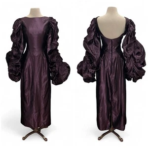 Vintage 80’s Retro Purple Taffeta Dramatic Ruched Puffy Sleeve Evening Gown XS-S - Picture 1 of 19