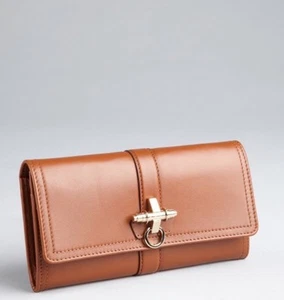Givenchy Sienna Leather Obsedia Wallet Brown Gold Buckle Logo Designer - Foto 1 di 22
