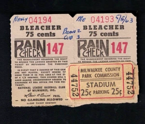 1963 Lou Brock 3 Hits - Cubs at Braves - 2 Ticket Stubs, Parkausweis EX - Bild 1 von 2