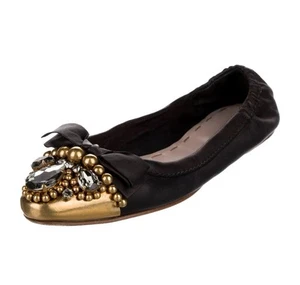 Miu Miu Black Leather Ballet Flats Rhinestones Gold Beads Size EU 38.5/8 - Picture 1 of 8