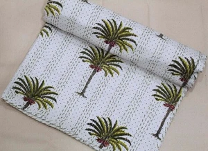 Bedspread Throw Cotton Blanket Quilt Tree Printed Handmade Kantha Quilt - Picture 1 of 6