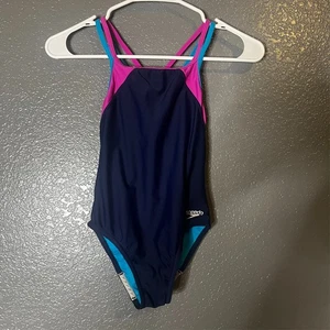 Traje de baño deportivo Speedo de una pieza para niñas, azul marino/rosa/azul, talla 8 - Imagen 1 de 5