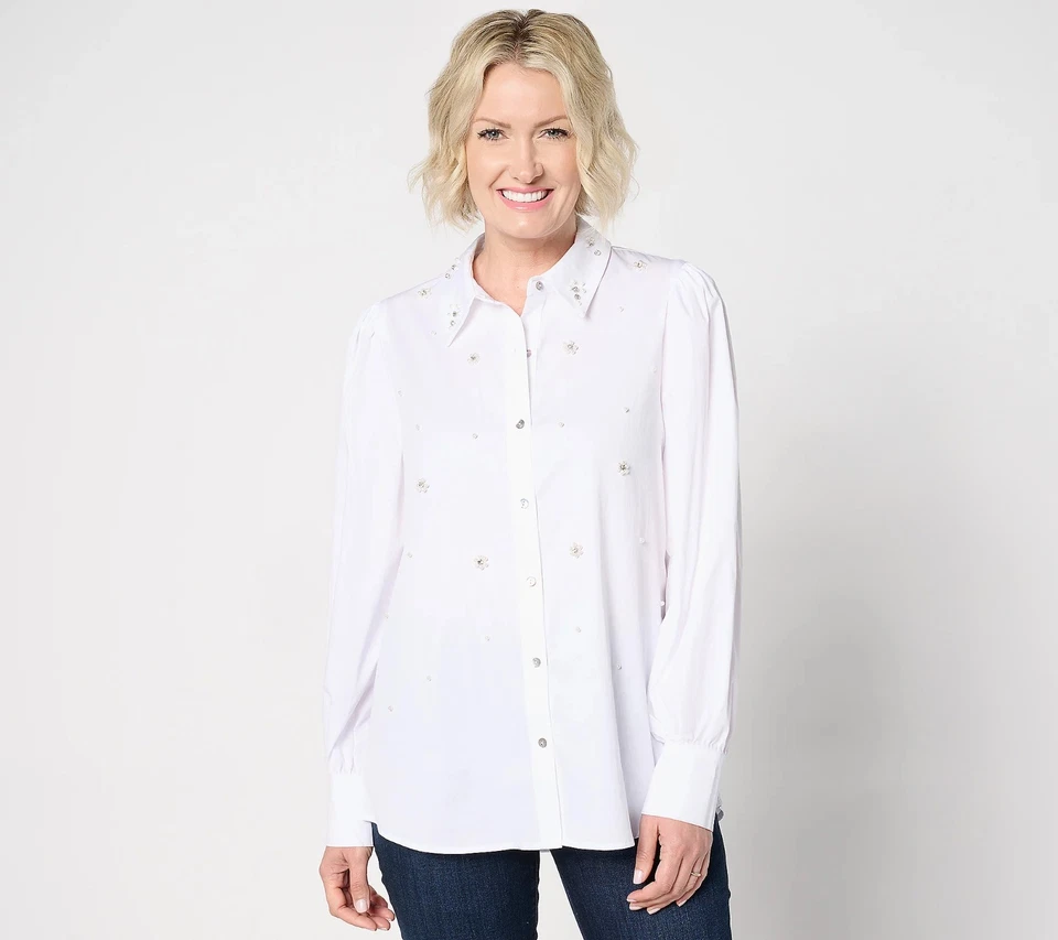 Top Dennis Basso Algodón Botón Frontal con Adornos - Blanco Talla S a660896 Foto 1 de 4