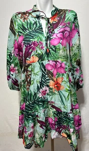 Le Ragazze Italy Medium Dress Linen Green Tropical Tiered Loose Mini New NWT - Picture 1 of 6