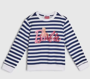 Barbie Logo Kids Sweatshirt Blue White Stripes Long Sleeves Licensed from Mattel - Picture 1 of 4