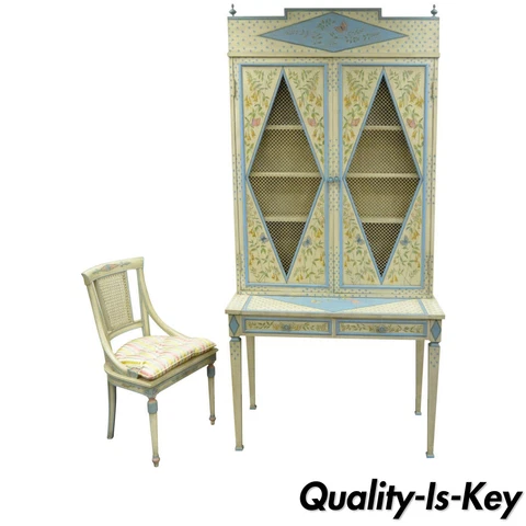Vintage Custom Painted Italian French Regency Style Tall Secretary Desk & Chair Cover