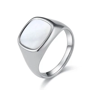15mm Square White Shell Band Stainless Steel Men Women Ring Gold /Silver Sz 6-12 - Picture 1 of 10