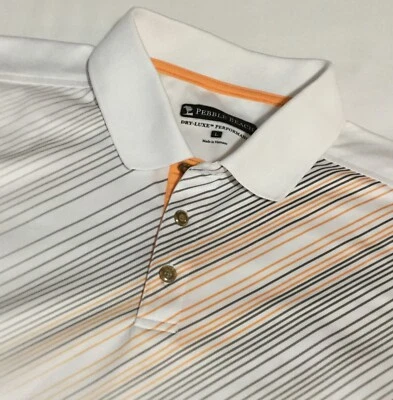Polo Mens Golf Shirt Pebble Beach Large Performance Striped White Orange Gray - Image 1 of 4