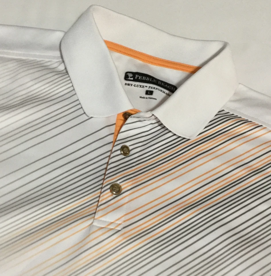 Polo Mens Golf Shirt Pebble Beach Large Performance Striped White Orange Gray - Image 1 of 4