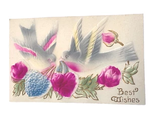 Puffy Postcard Best Wishes Germany 1914 Embossed Birds Pink Roses Berries - Picture 1 of 4