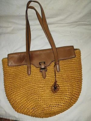 Michael Kors Naomi Large Woven Straw Tote Bag Purse, Gold Leather Trim, Gold - Изображение 1 из 4