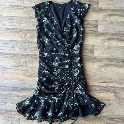 Banana Republic Black Floral FAIRY Whimsy Goth Ruched Skirt Mini Dress Sz 0 XS - Image 1 of 4