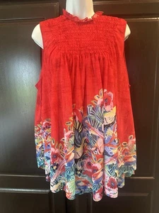 Anthropologie Deletta Swing Top Blouse Floral Smocked Ruffled High Neck Lined Lg - Picture 1 of 5