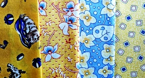 Lot of 4 Pcs Yellow & Blue Cotton Fabrics 30's 40s Reproduction - Picture 1 of 2