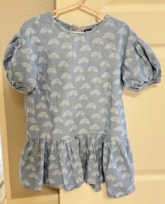 TEA Collection Girls Ruffle Blue Chambray Cotton White Rainbow Print Dress 5 - Image 1 of 4